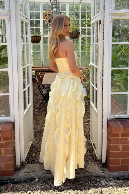 Yellow Strapless Ruffle Chiffon High Slit Long Prom Dress