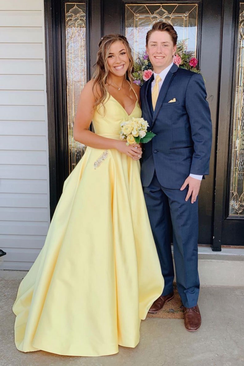 Yellow Long Prom Dress With Beaded Pockets,Formal Dresses Backless Evening Gown