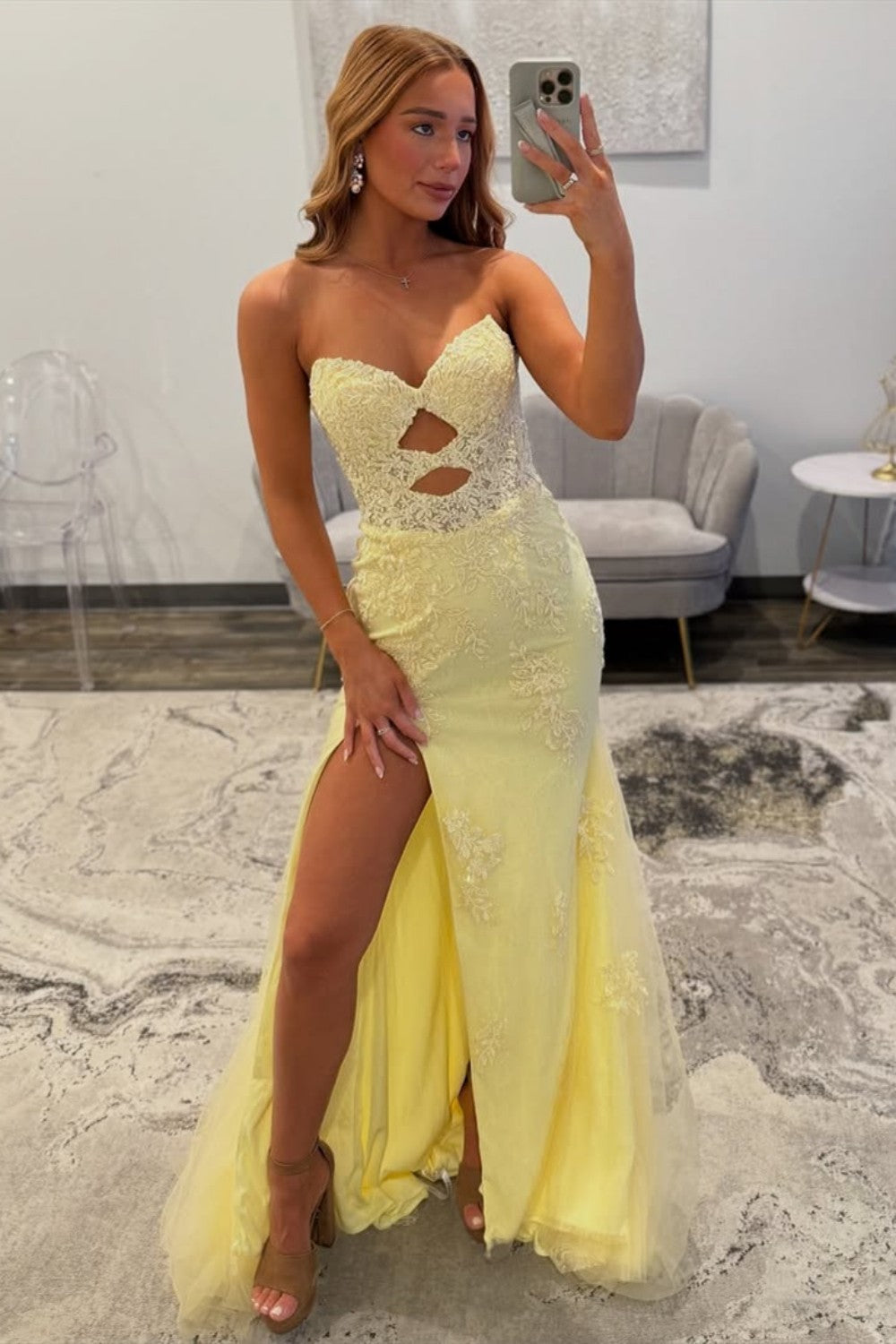 Yellow Sweetheart Lace Up Cutout Prom Dress with Lace Details