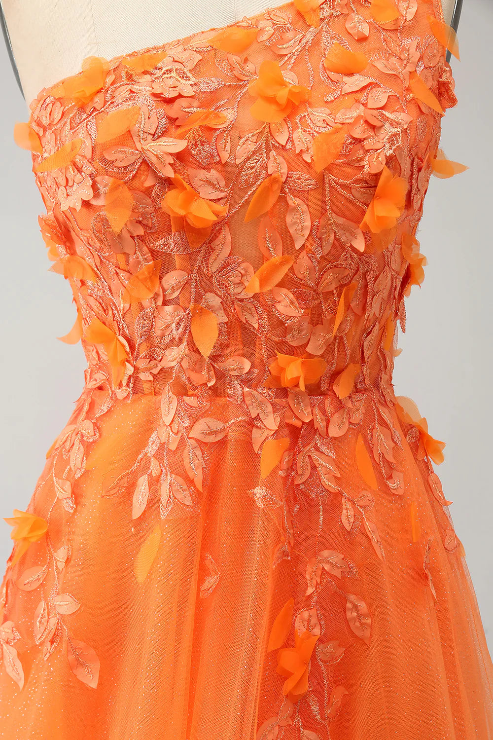 omberprom A-Line Prom Dress One Shoulder Long Tulle Applique Evening Dress With Slit Orange