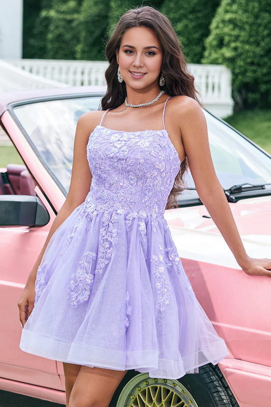 omberprom A Line Short Homecoming Dress Sparkly Lilac Lace Up Back Sequin with Appliques