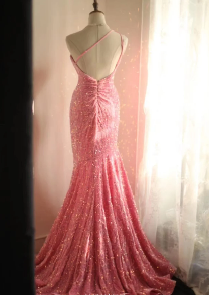 Shiny One Shoulder Pink Sequin Mermaid Evening Dress Long Wedding Guest Dress SP1171