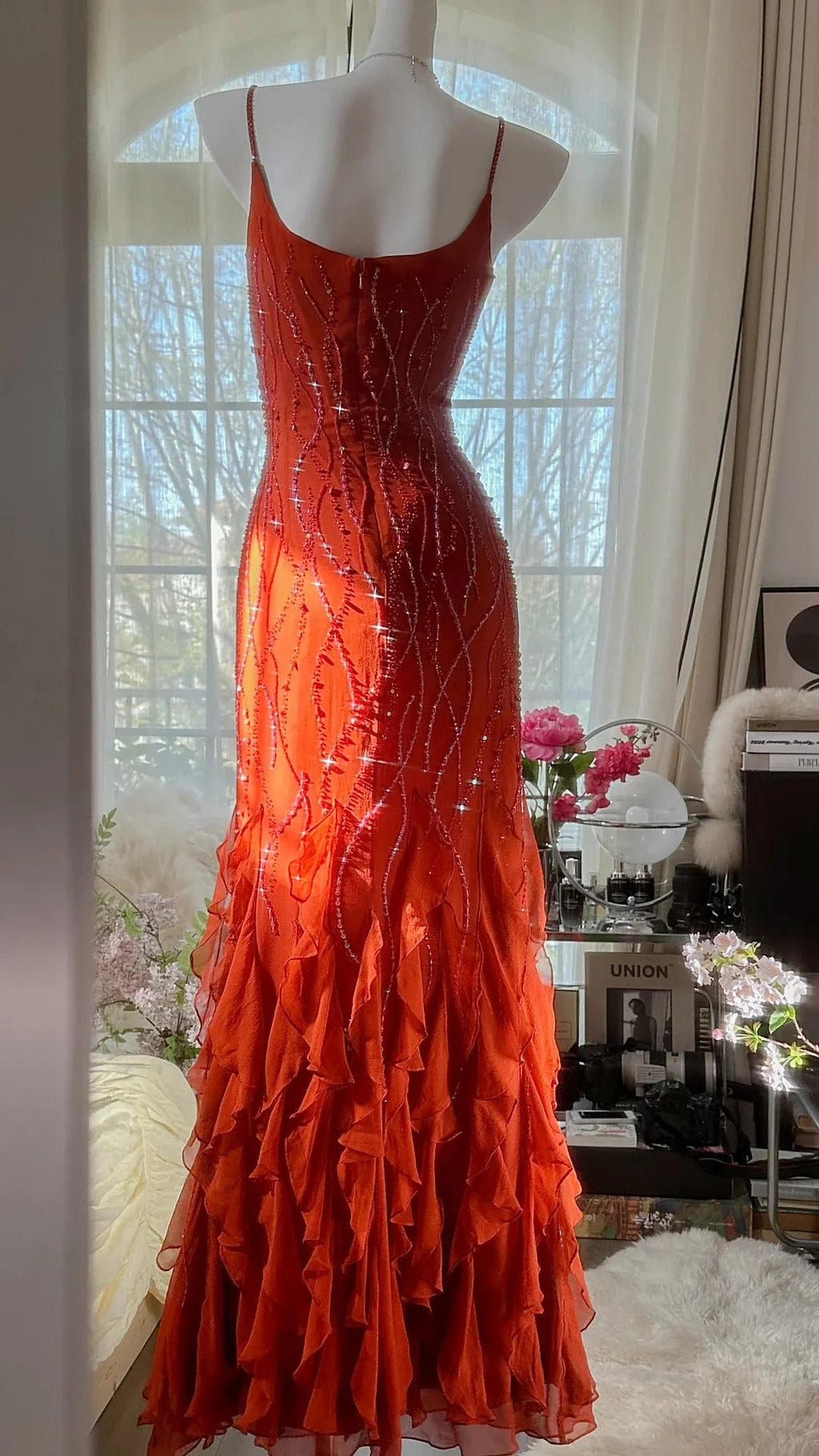 Luxury Chiffon Ruffles Prom Dress,Spaghetti Straps Beaded Party Evening Dress Y8715