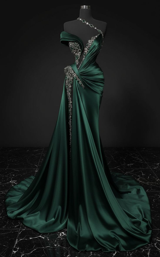 Elegant Green Satin Beaded Mermaid Slit Long Party  Dress Prom Dress SP1233