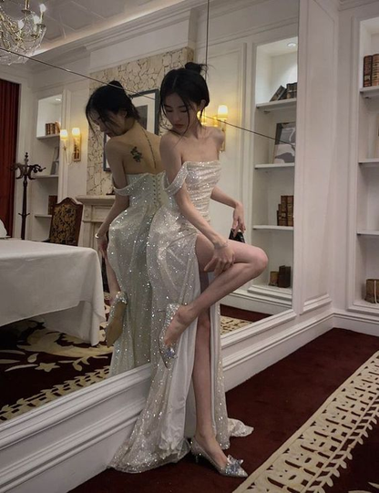 Shiny High Slit Women Formal Evening Dress,Off The Shoulder Prom Gown Y1523