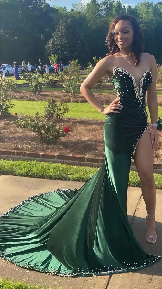 Black Girl Prom Dresses Long Mermaid Green Prom Gown With Train  cc371