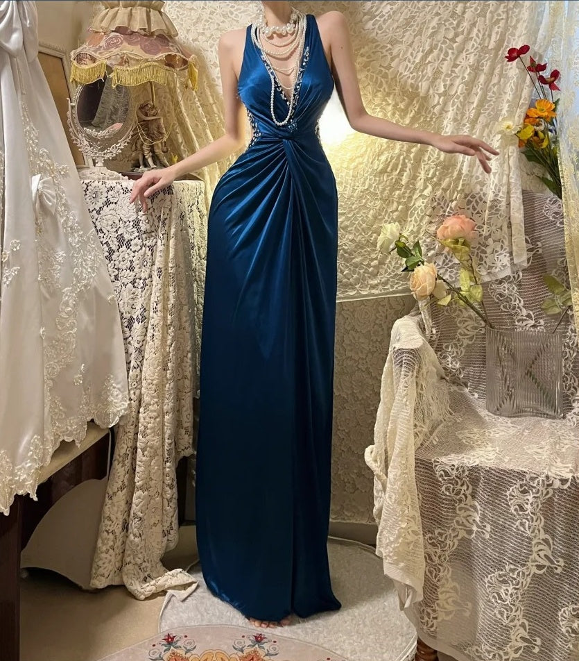 Sexy Navy Blue Halter V Neck Satin Pleated Beaded Mermaid Party Dress Long Wedding Guest Dress SP408