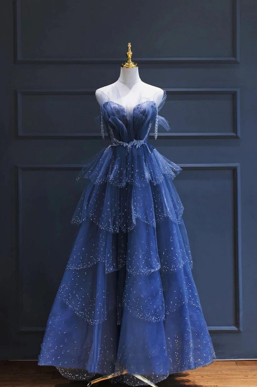 Blue Tulle Beaded Long A-line Prom Dress Y1547