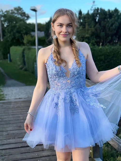 omberprom Elegant A Line Sleeveless Graduation Dresses Applique Tulle Short Homecoming Dress