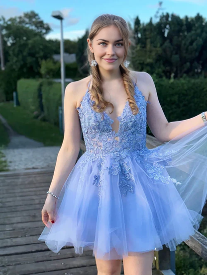 omberprom Elegant A Line Sleeveless Graduation Dresses Applique Tulle Short Homecoming Dress