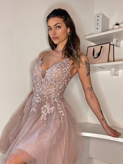 omberprom Elegant A Line Sleeveless Graduation Dresses Applique Tulle Short Homecoming Dress