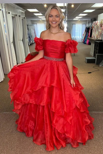 omberprom Red Off-the-Shoulder Evening Dress Layers Beaded Tulle Long Prom Dress