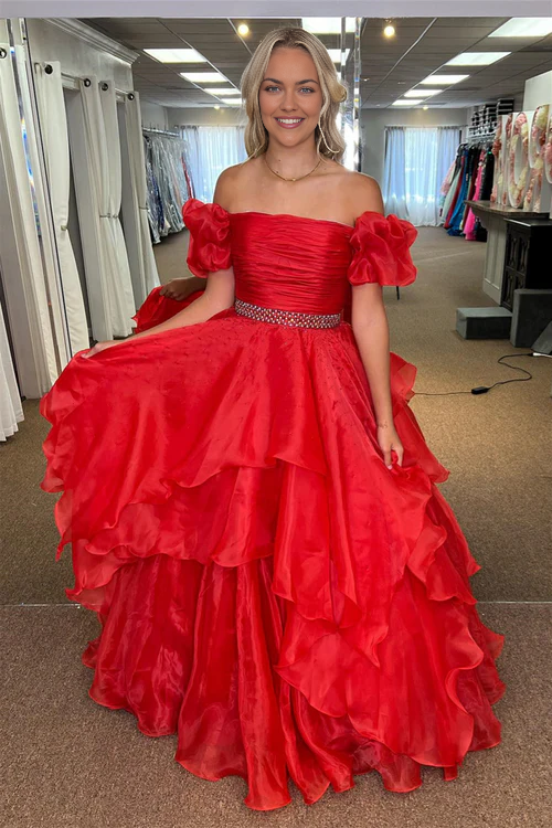 omberprom Red Off-the-Shoulder Evening Dress Layers Beaded Tulle Long Prom Dress