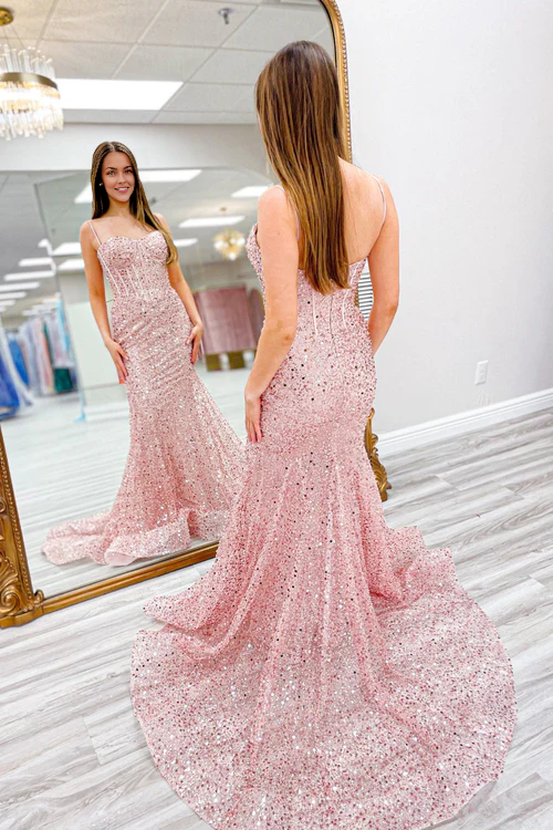 omberprom Pink Evening Dress Sequins Mermaid Spaghetti Straps Boning Long Prom Dress