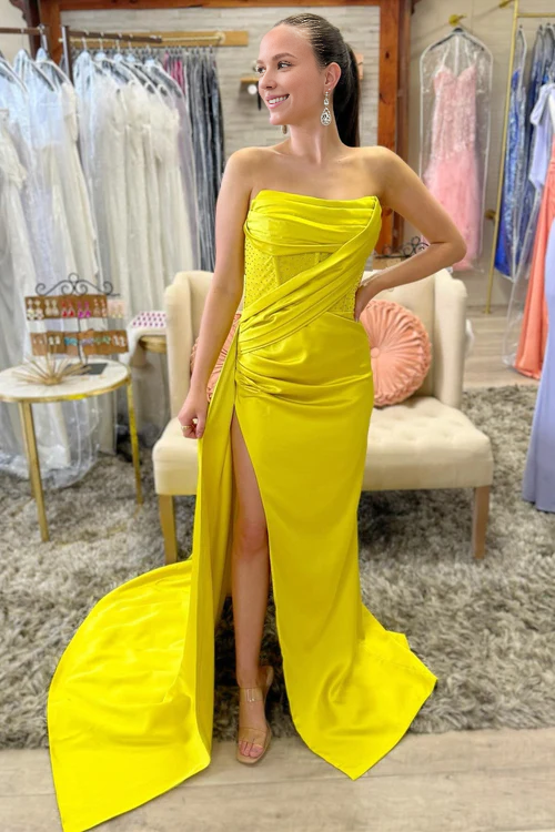 omberprom Fashion Strapless Beaded Ruched Maxi Dress with Attached Train