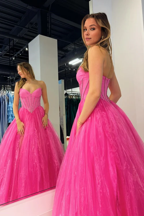 omberprom Elegant Strapless Beaded Ball Gown with Slit in Hot Pink Prom Dresses