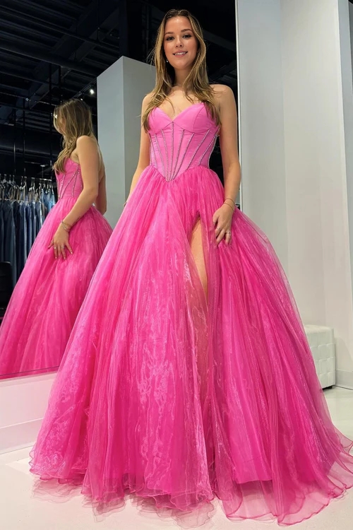 omberprom Elegant Strapless Beaded Ball Gown with Slit in Hot Pink Prom Dresses