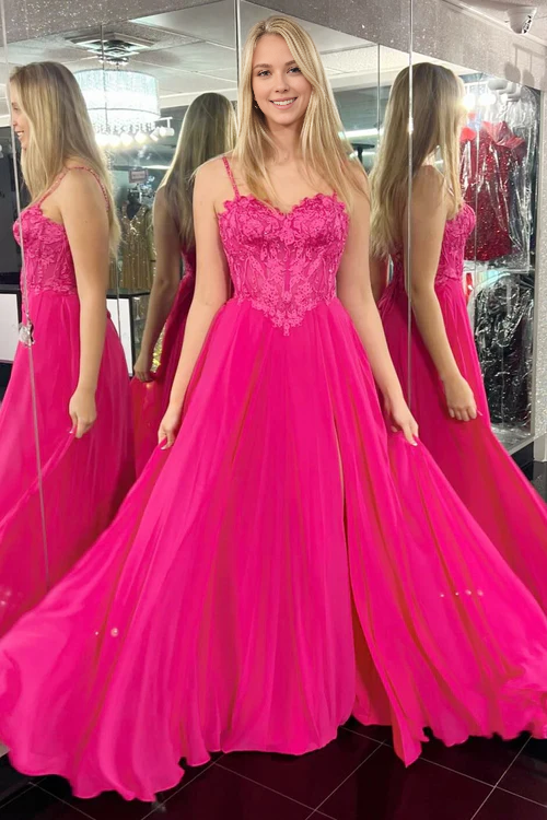 omberprom Fashion Magenta Appliques Sweetheart A-Line Long Prom Dress with Slit