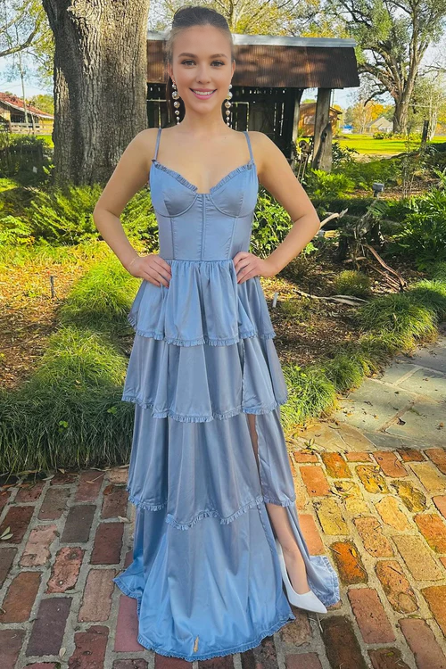 omberprom Fashion Long Prom Dress Periwinkle Corset Multi-Layer Ruffle Evening Dress