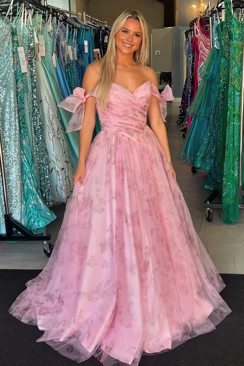 omberprom Pink A-Line Long Prom Dress Print Off-the-Shoulder Evening Dress