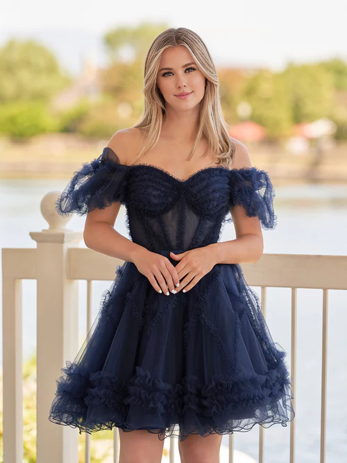 omberprom A Line Short Homecoming Dress Sweetheart Puff Sleeves Graduation Dresses With Ruffles