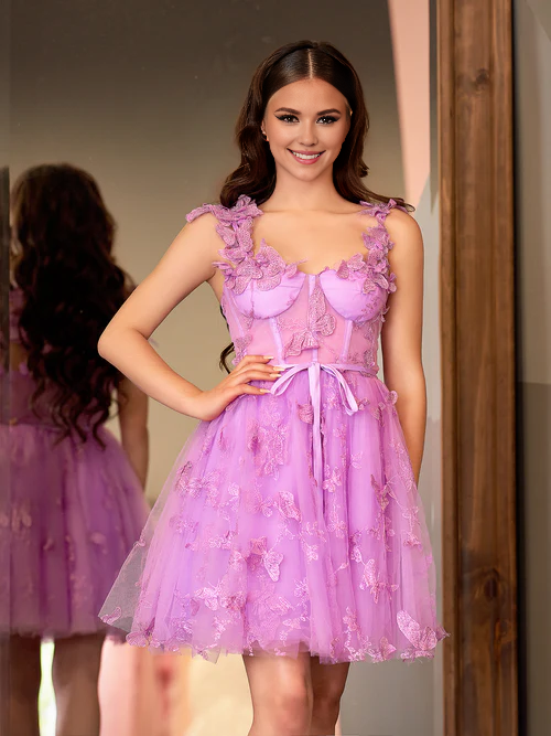 omberprom A Line Short Prom Dress Graduation Dresses Tulle Homecoming Dress with Butterflies