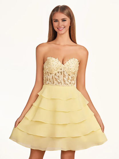 omberprom A-Line Graduation Dresses Strapless Tiered Corset Short Homecoming Dress with Appliques