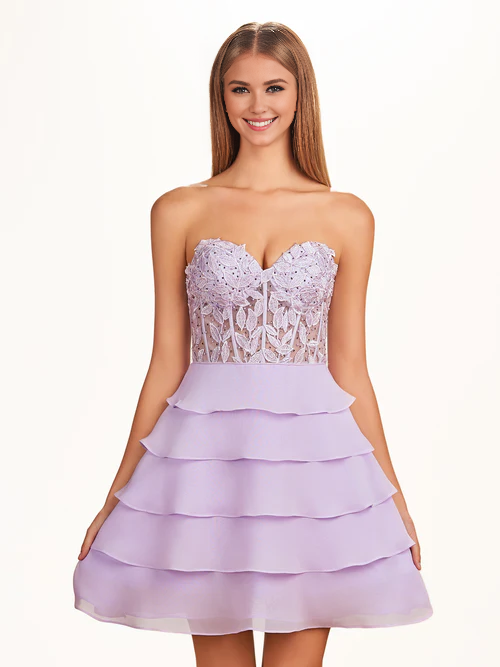 omberprom A-Line Graduation Dresses Strapless Tiered Corset Short Homecoming Dress with Appliques