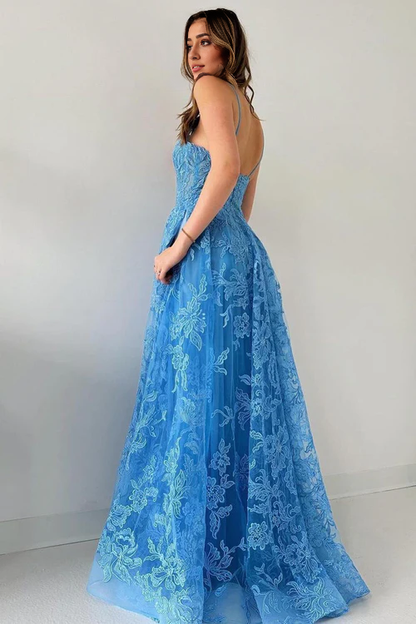 omberprom Elegant Blue Evening Dress Spaghetti Straps Tulle Appliques Long Prom Dresses