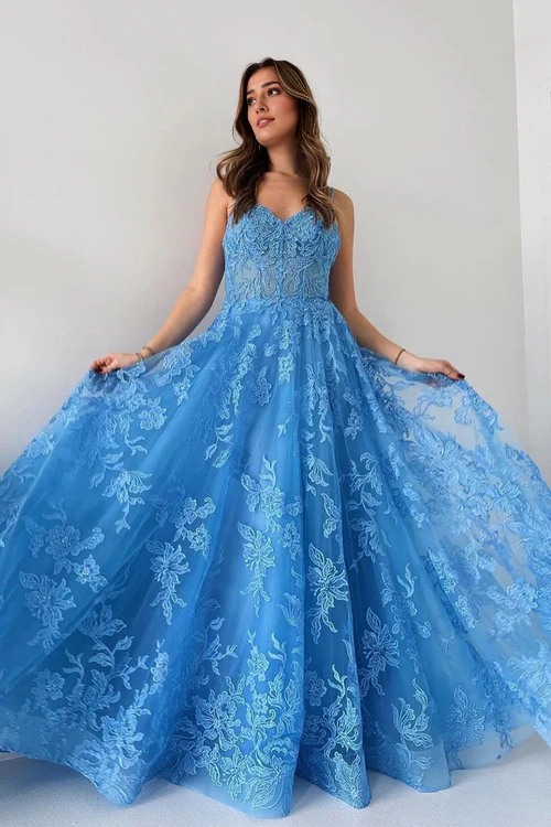 omberprom Elegant Blue Evening Dress Spaghetti Straps Tulle Appliques Long Prom Dresses