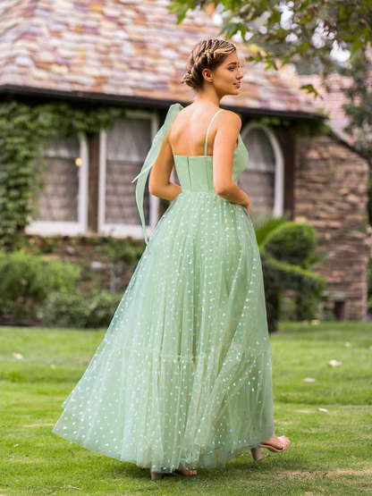 omberprom Elegant A Line Evening Dress V-neck Sleeveless Dotted Tulle Long Prom Dress