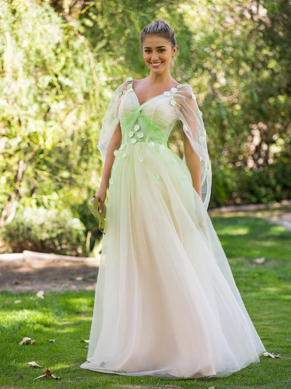 omberprom Elegant Evening Dress V-neck 3D Applique Floor Length Tulle Prom Dress