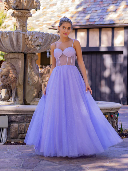 omberprom Elegant Evening Dress Spaghetti Straps Corset Floor Length Tulle Prom Dress
