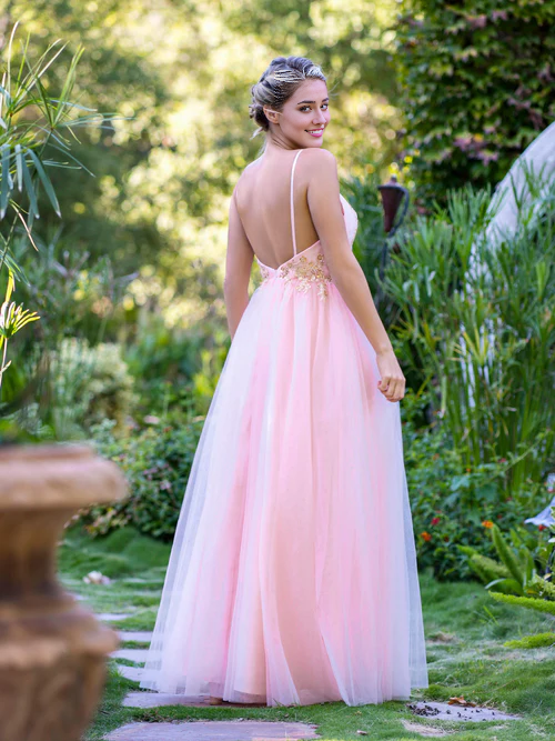 omberprom Elegant A-line Evening Dress Deep V Neckline Applique Tulle Prom Dress