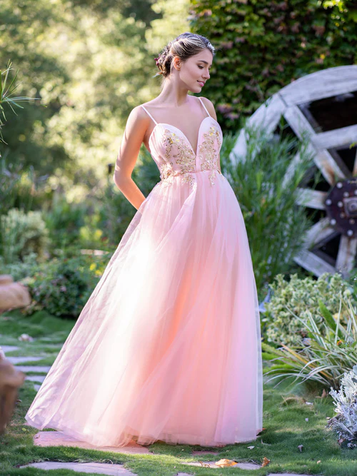 omberprom Elegant A-line Evening Dress Deep V Neckline Applique Tulle Prom Dress