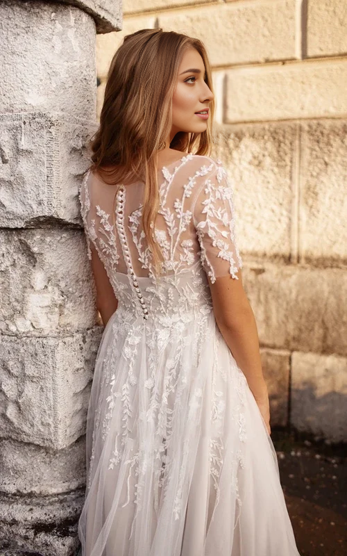 omberprom Tea Length Sleeves Ethereal Modern A-Line V-Neck Button Back Wedding Dress