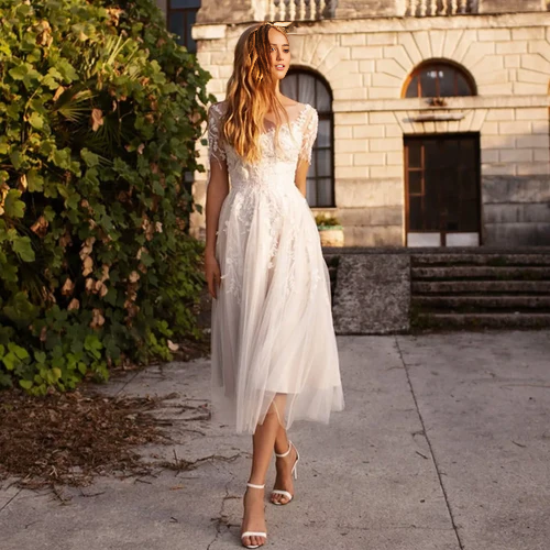 omberprom Tea Length Sleeves Ethereal Modern A-Line V-Neck Button Back Wedding Dress