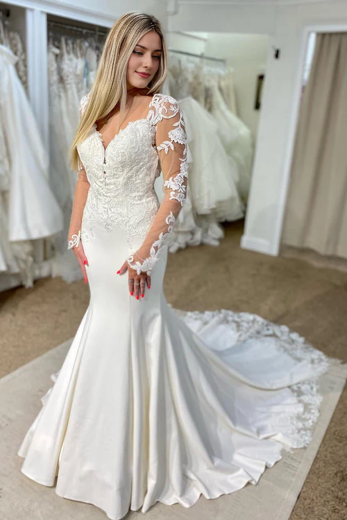 omberprom Elegant V-Neck Mermaid Long Wedding Dress with Lace