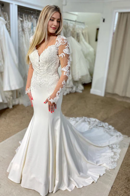 omberprom Elegant V-Neck Mermaid Long Wedding Dress with Lace