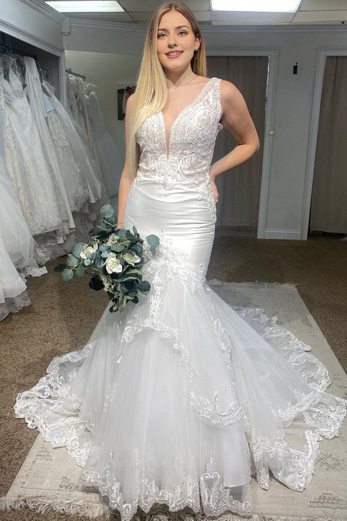 omberprom Elegant Deep V-Neck Mermaid Long Wedding Dress with Lace