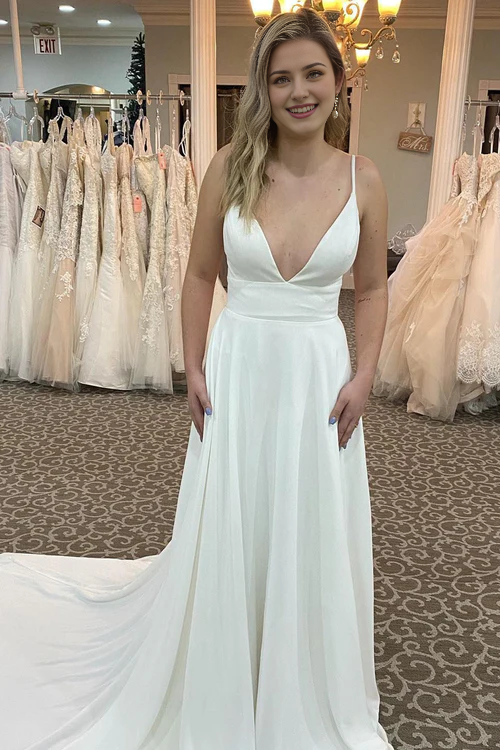 omberprom Elegant A-Line Spaghetti Straps Long Wedding Dress with Beading