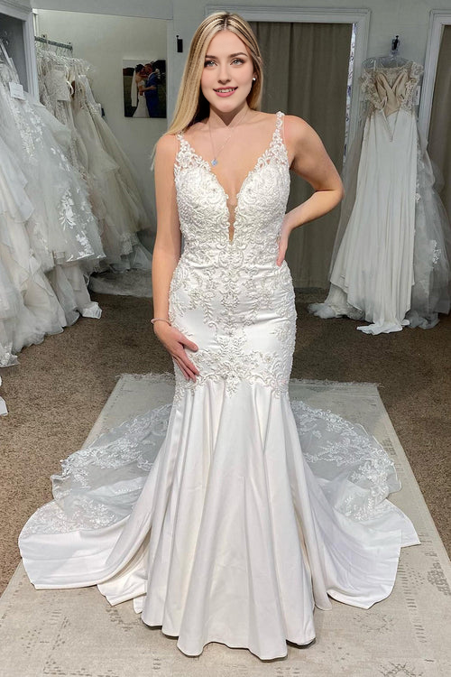 omberprom Elegant Deep V-Neck Mermaid Long Wedding Dress with Appliques