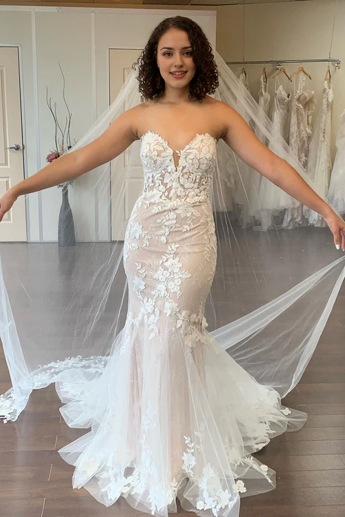 omberprom Elegant Mermaid Sweetheart Long Wedding Dress with Lace