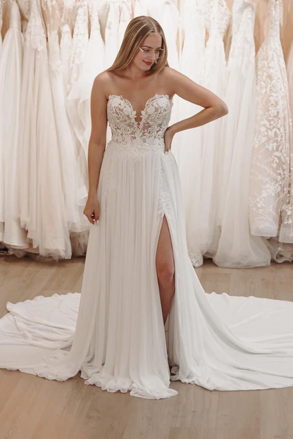 omberprom Elegant Sweetheart Long Lace Boho Wedding Dress with Slit