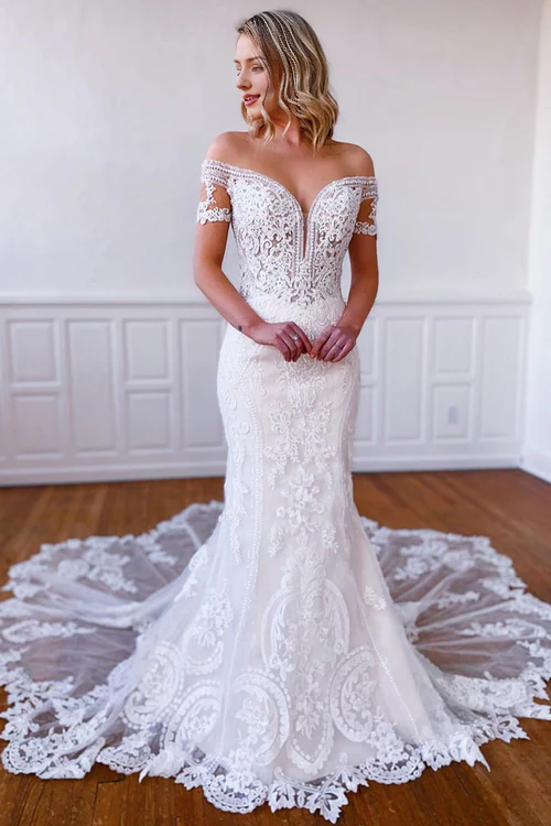 omberprom Elegant Mermaid Off-the-Shoulder Short Sleeves Long Wedding Dresses Lace Bridal Dress