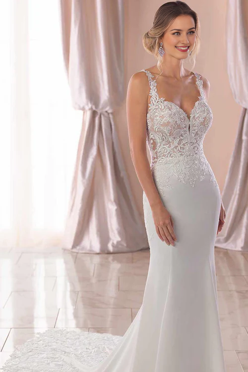 omberprom Elegant Lace Straps Sweep Train Mermaid Wedding Dress