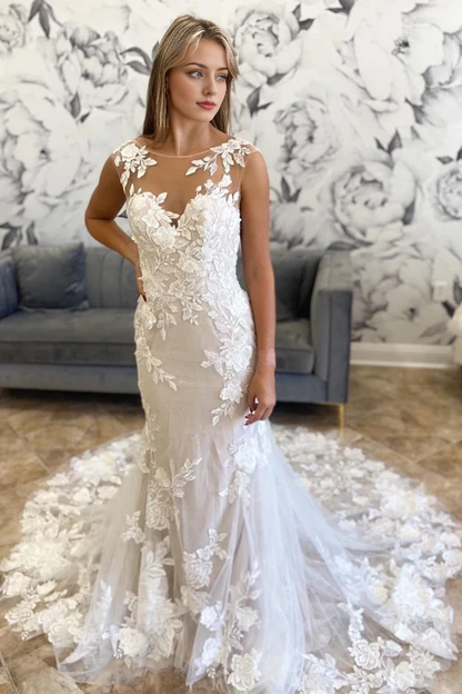 omberprom Elegant Illusion Neck Appliques Mermaid Long Wedding Dress
