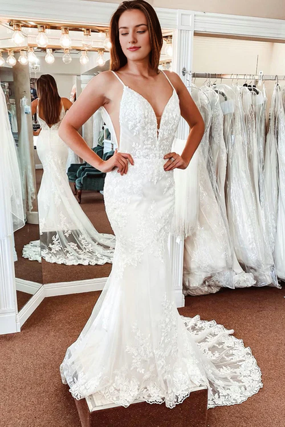 omberprom Elegant Lace A-Line Spaghetti Straps Sleeveless Long Wedding Dress Charming Bridal Gown