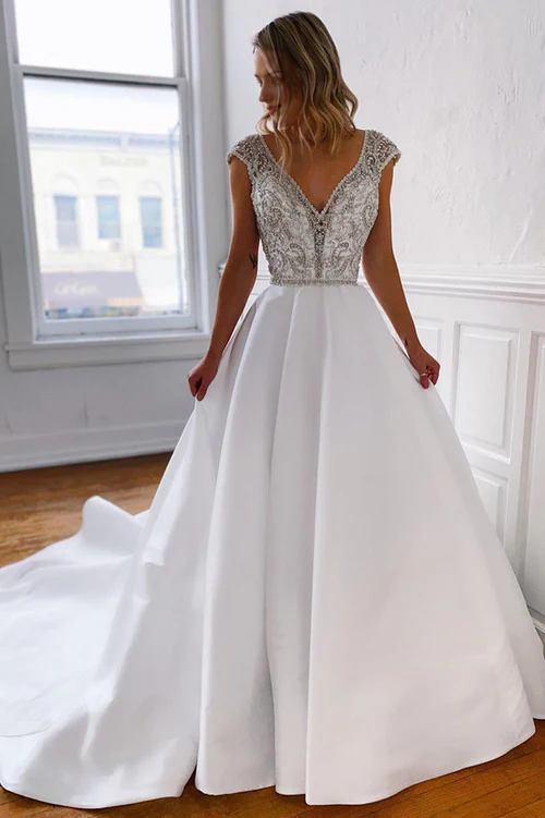 omberprom Elegant A-Line V-Neck Long Wedding Dress with Silver Beads