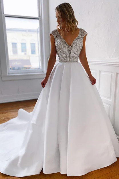 omberprom Elegant A-Line V-Neck Long Wedding Dress with Silver Beads